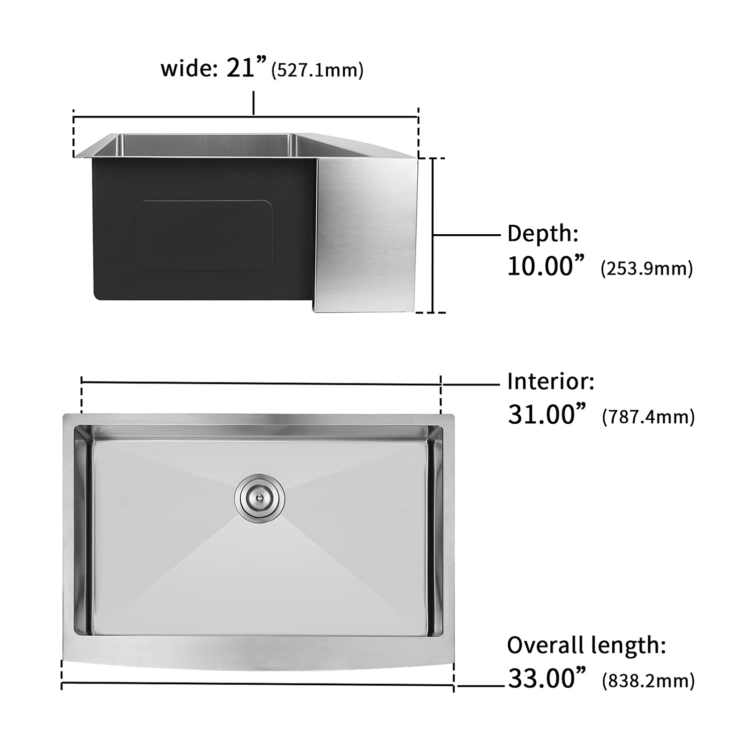 Aquacubic enkele kom keukenspoelbak 33 inch T304 roestvrijstalen boerderijstijl schort keukenspoelbak