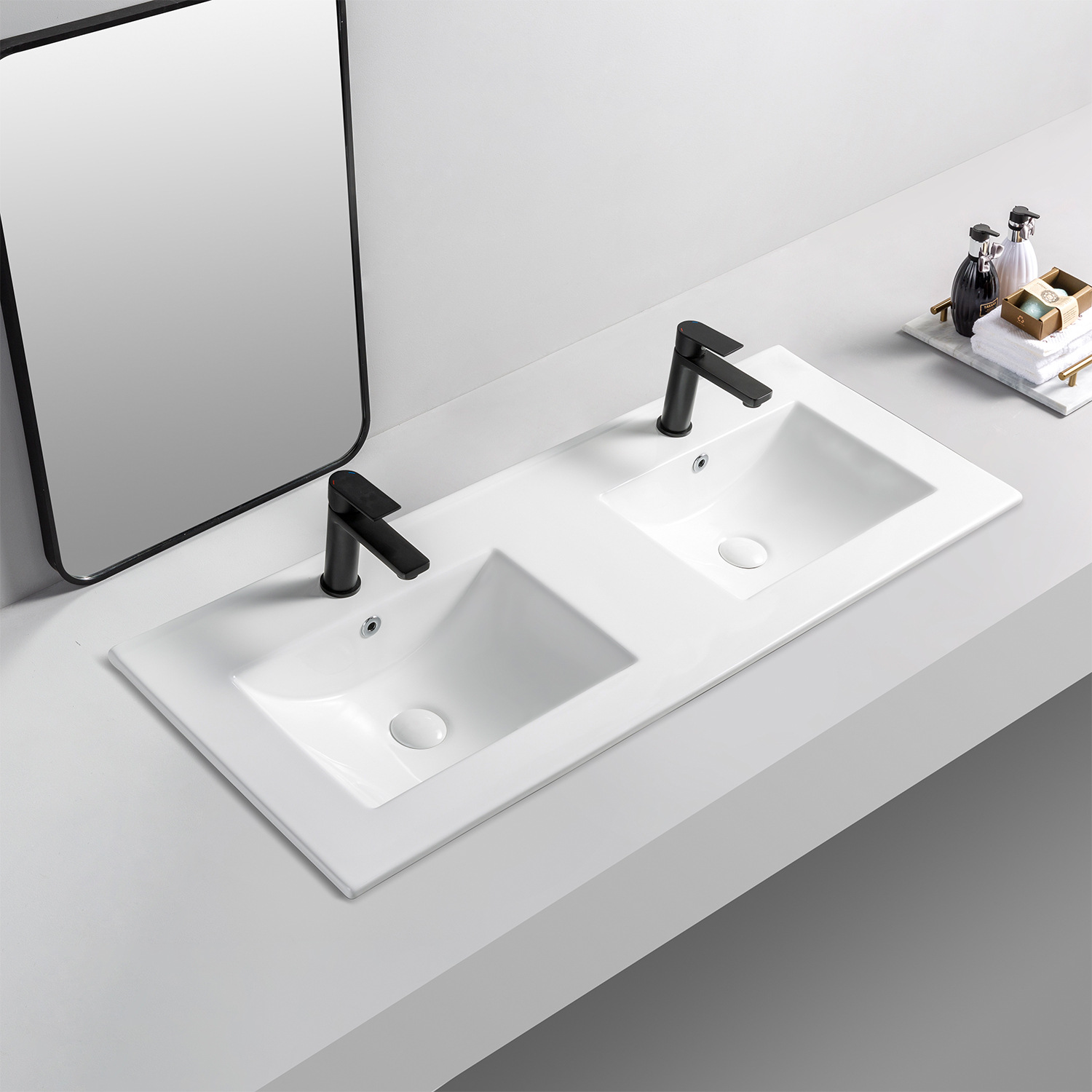Aquacubic Drop-in zelfoprollende dubbele kom vierkante badkamer keramische aanrecht wastafel