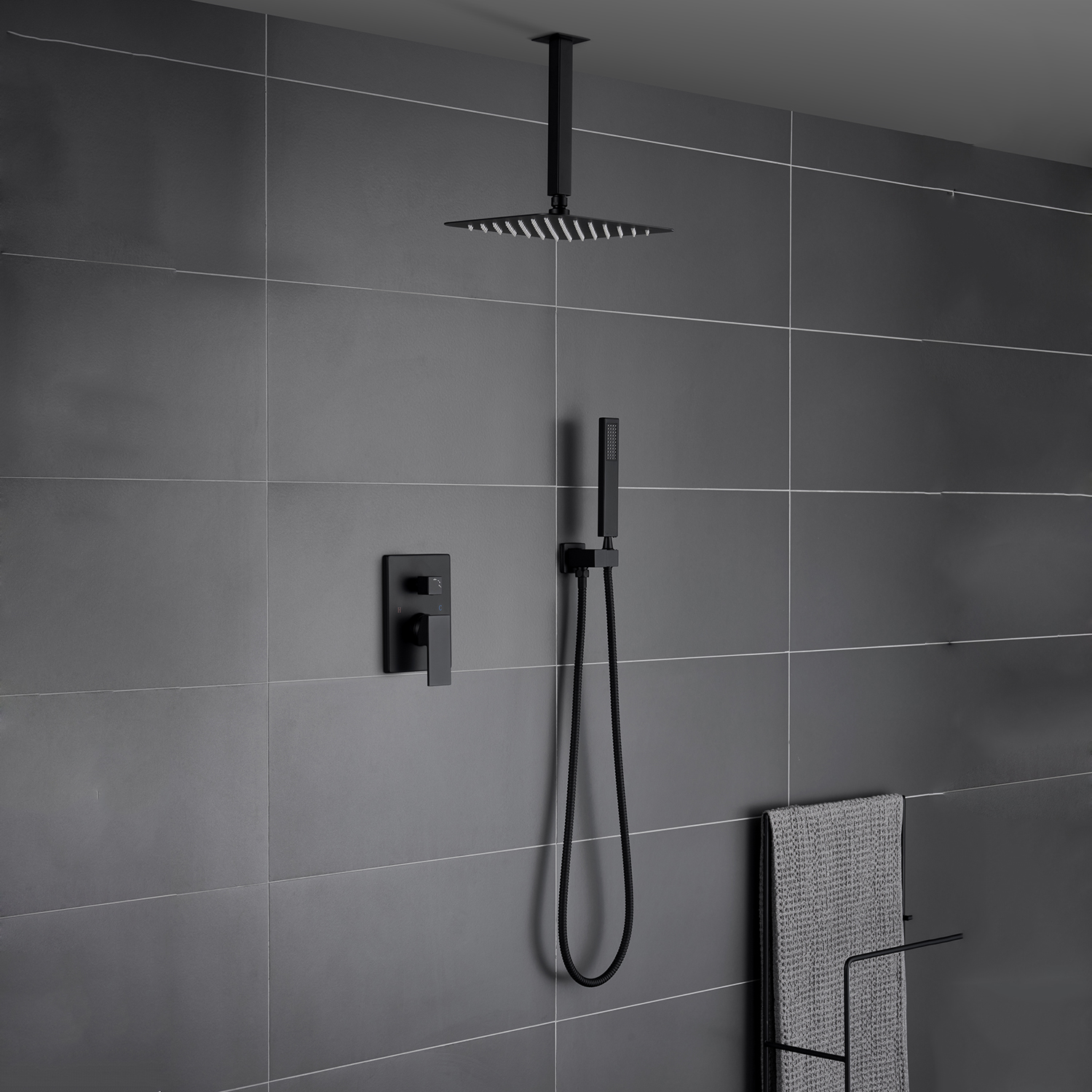 Badkamer 12 inch vierkant matzwart plafondmontage regendouchesysteem met handdouche