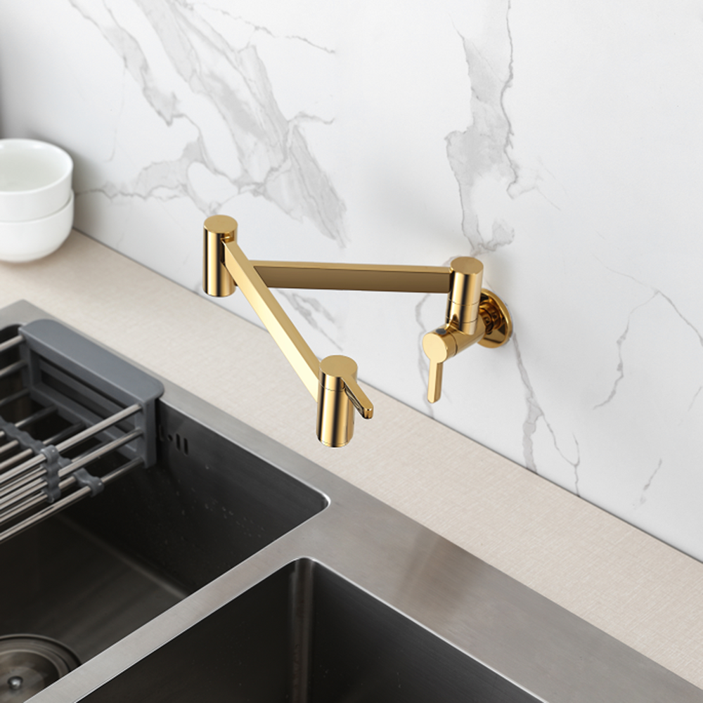 Moderne Geborsteld Goud Pot Filler Kraan Wall Mount Massief Messing Vierkante Opvouwbare Aanrecht Kraan Enkel Gat