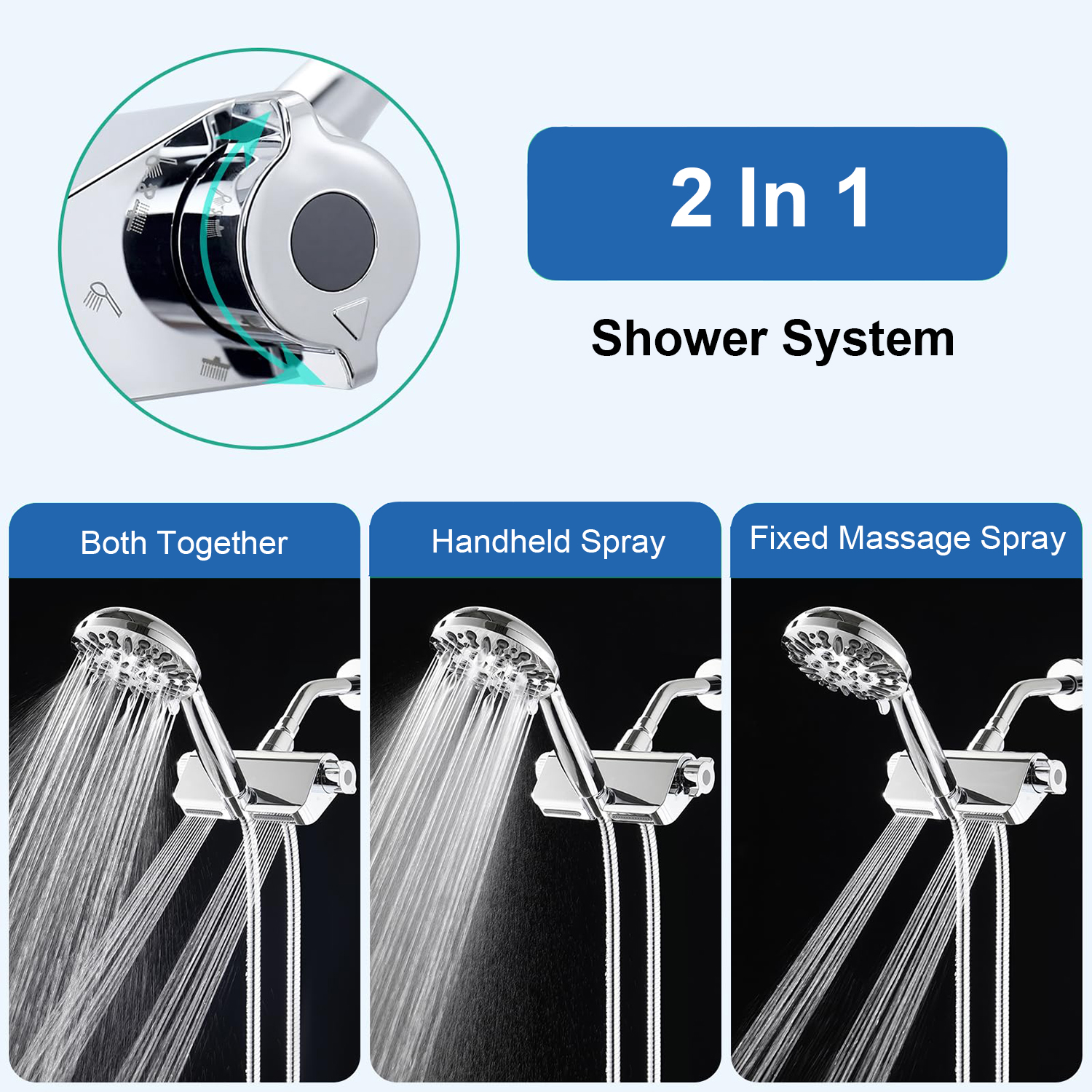 Dubbel 2-in-1 spa-systeem met hoge druk, massagedouchekop en handdouche met 10 modi