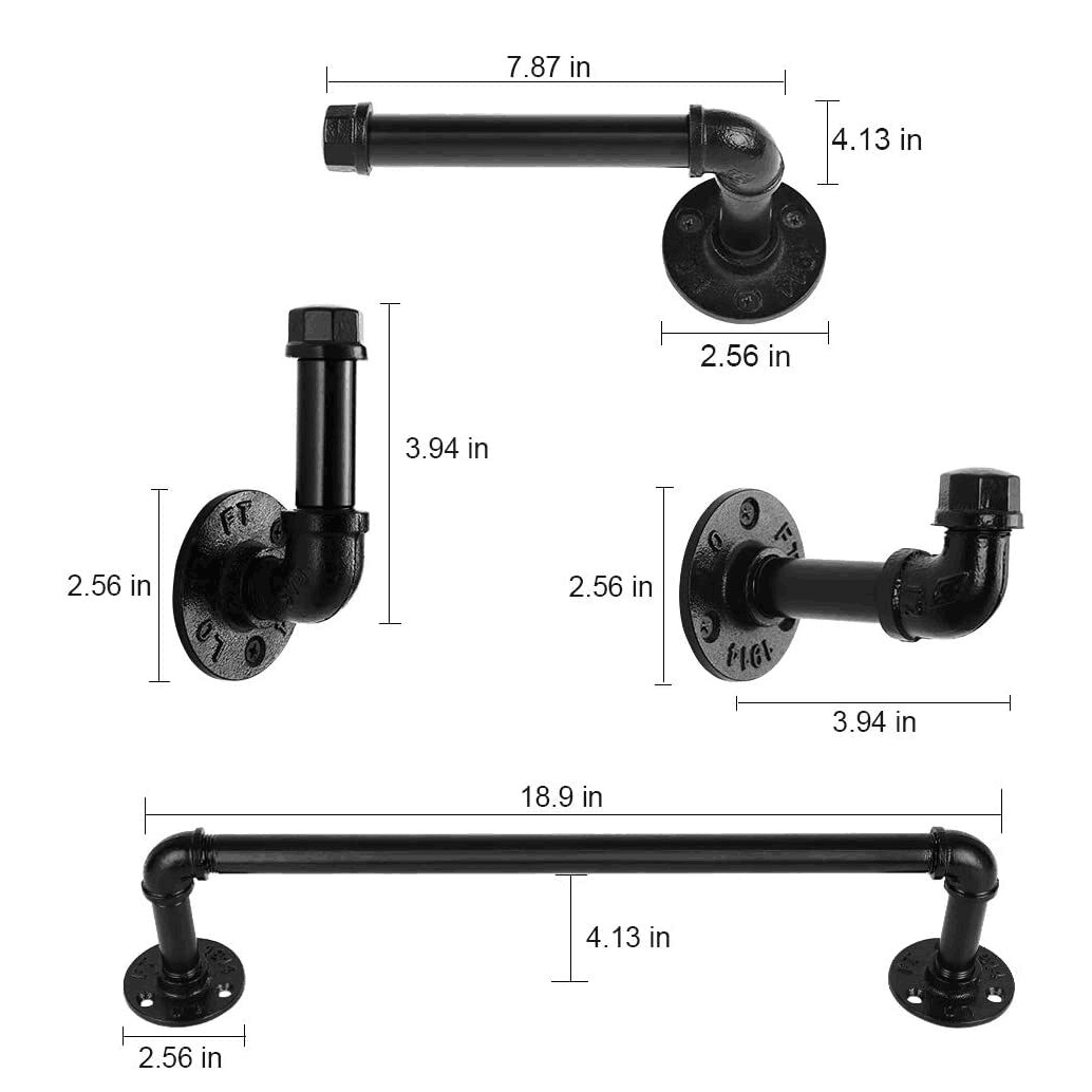 Moderne chique gegalvaniseerde zwarte industriële pijp badkamer hardware armatuur set van Pipe Decor 4-delige set