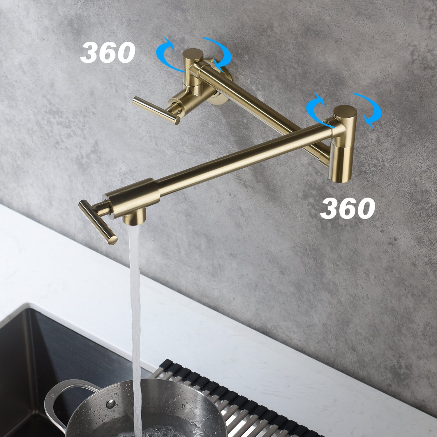 Wall Mount Pot Filler Kraan Messing Pot Filler Geborsteld Goud Opvouwbare Kraan Zwenkarm Keukenkranen Loodvrij Commercieel Rekbaar Enkel Gat Twee Handgrepen Kraan