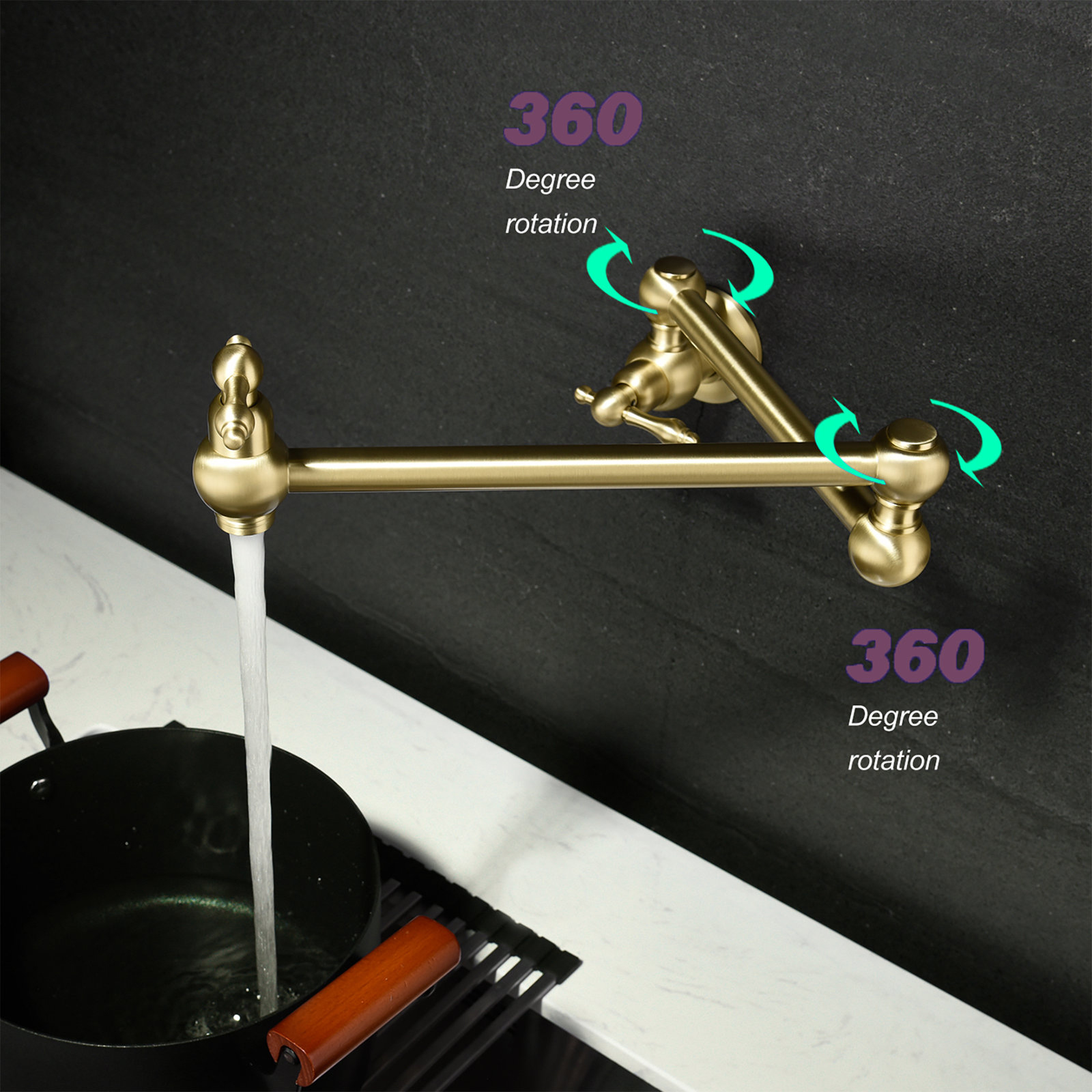 Aquacubic Pot Filler Folding Kranen,Wall Mount Pot Filler Keukenkraan Massief Messing,Swing Arm Folding Geborsteld Goud Moderne Kitchen Sink Kraan Folding Stretchable Met Single Hole Two Handle