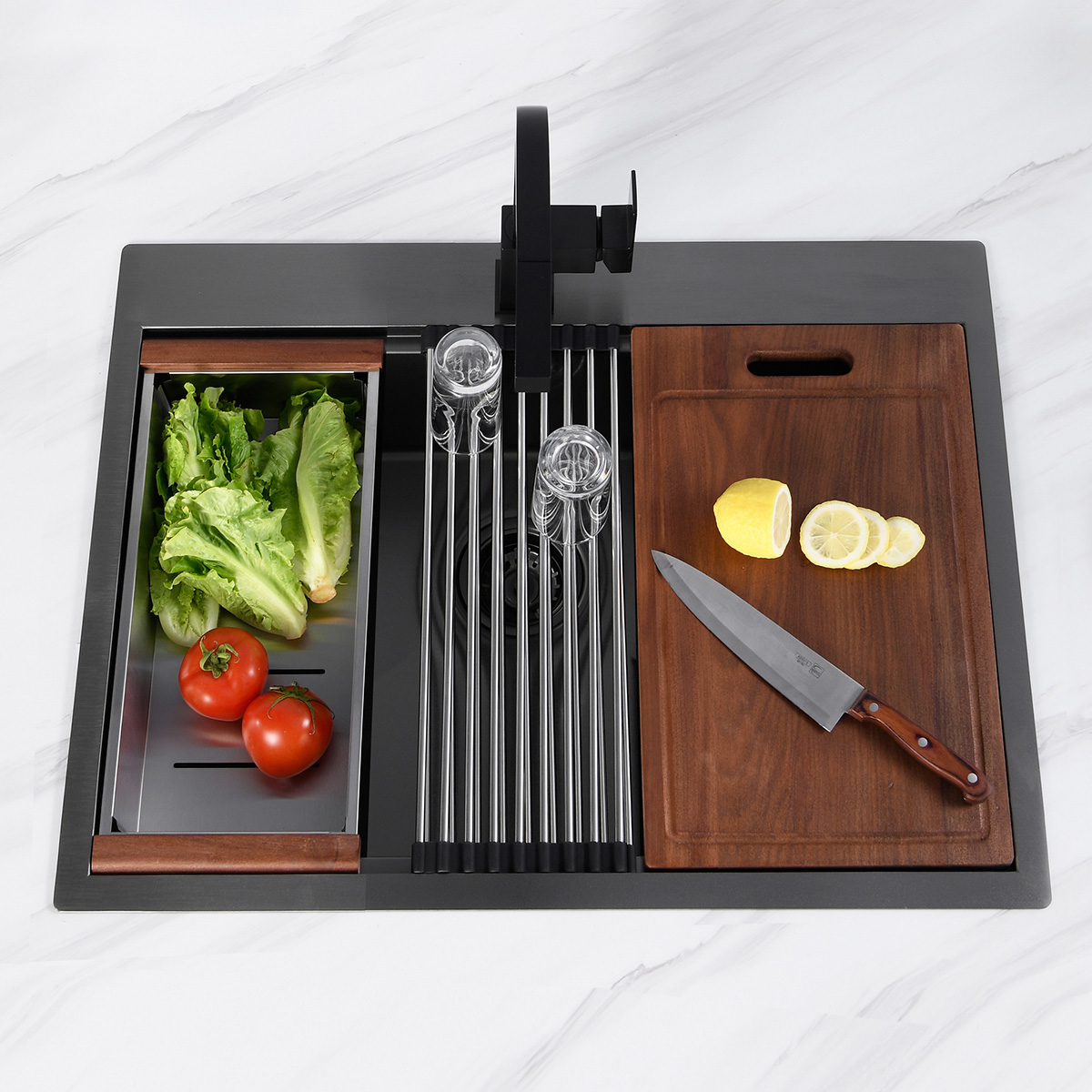 Roestvrijstalen handgemaakte Topmount Drop In UPC Gunmetal Black Nano Kitchen Sink met richel