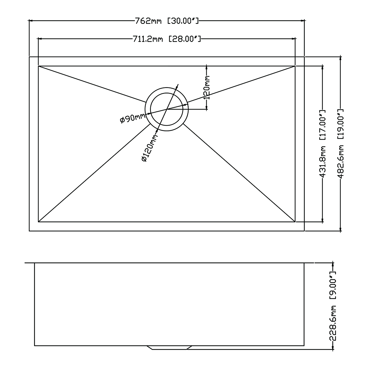 30 x 19 roestvrijstalen spoelbak, 16 gauge onderbouwspoelbak, enkele bak onder aanrecht, rechthoekige spoelbakken, wastafel