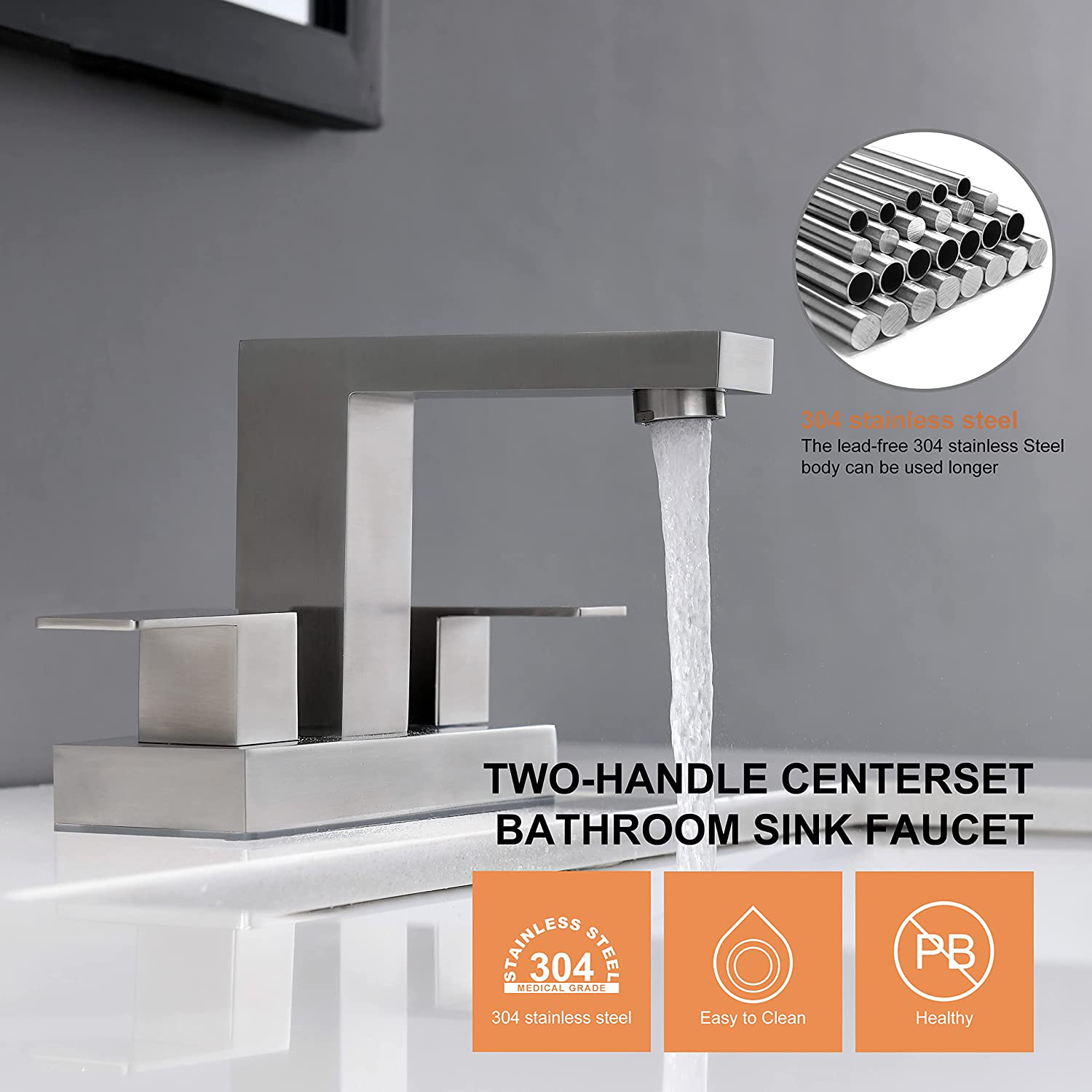 Home Geborsteld nikkel oppervlak Centerset SUS304 badkamerkraan met twee handgrepen en afvoer