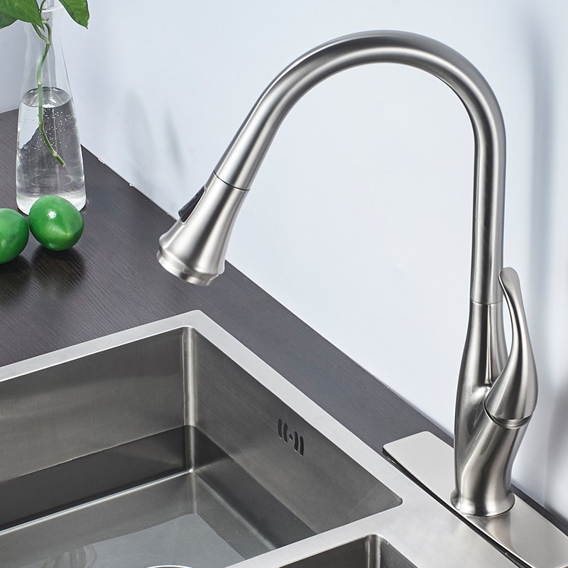 Aquacubic cUPC Elegant enkel gat geborsteld nikkel pull-down sproeier aanrecht waterkraan / kraan