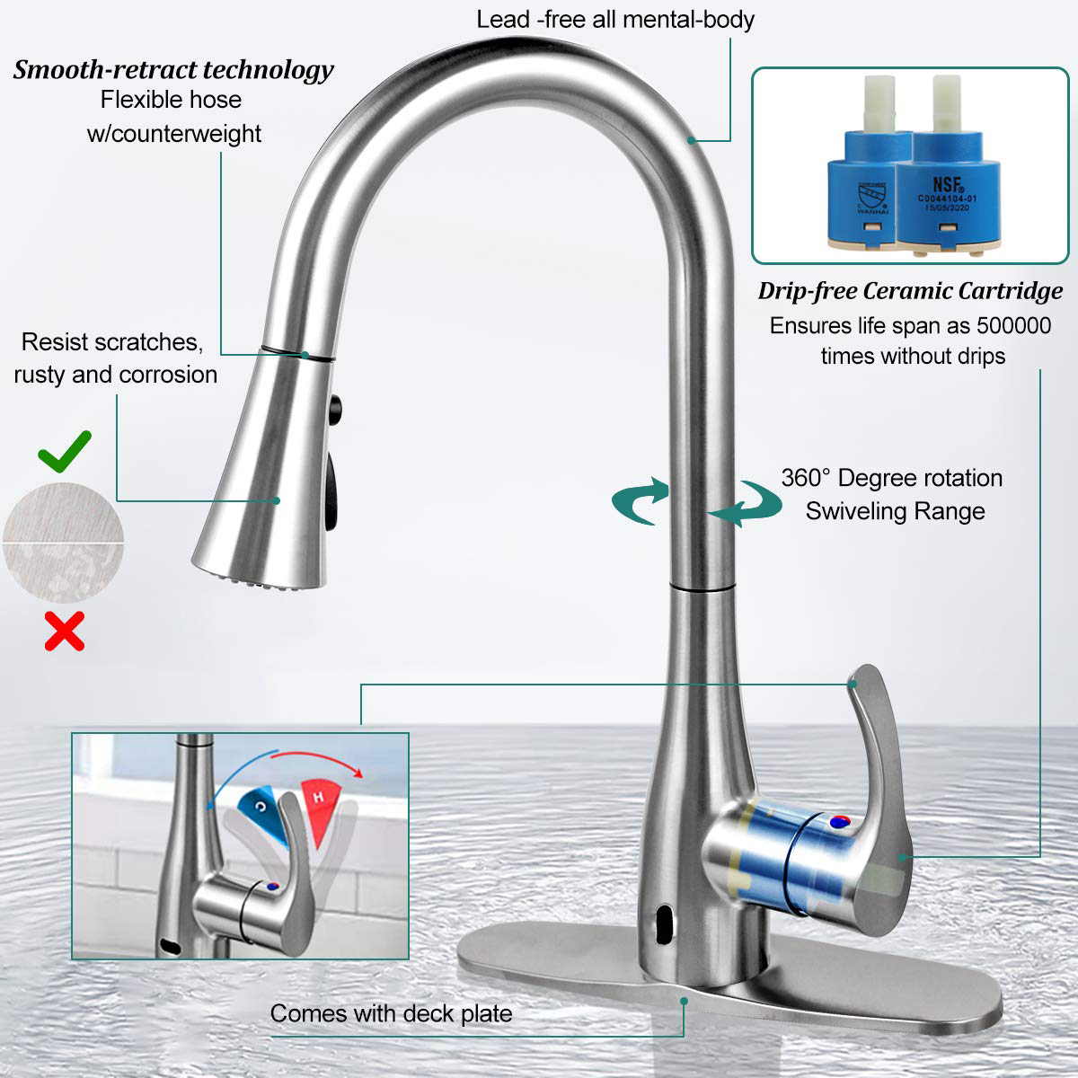 Aquacubic cUPC Sanitair Moderne automatische sensor Uittrekbare keukenkraan