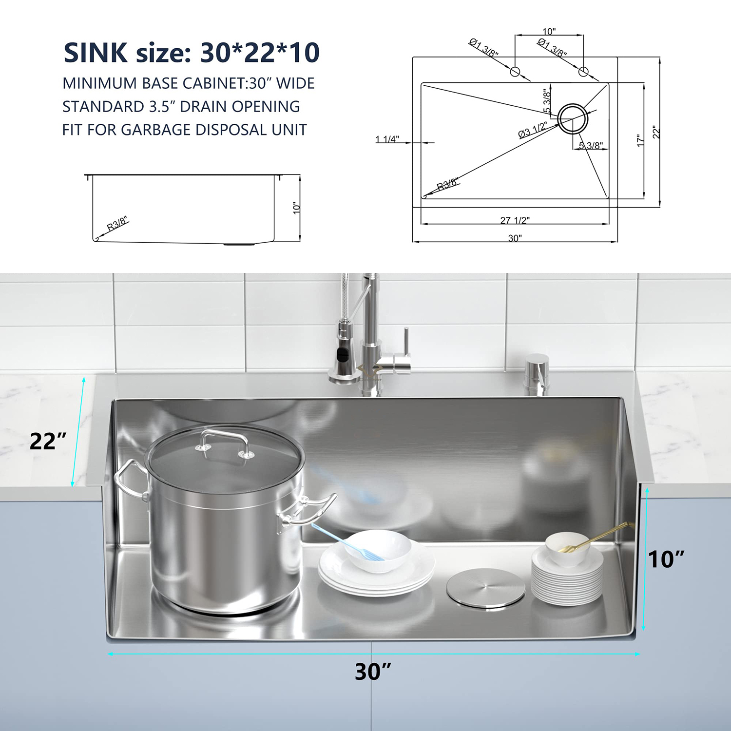 China fabriek Aquacubic 304 roestvrij staal handgemaakte 30 inch Topmount keukengootsteen met aangepast formaat