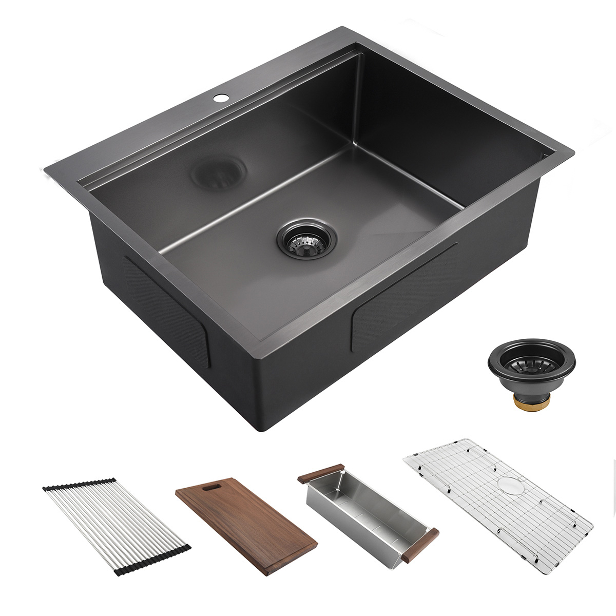 Roestvrijstalen handgemaakte Topmount Drop In UPC Gunmetal Black Nano Kitchen Sink met richel