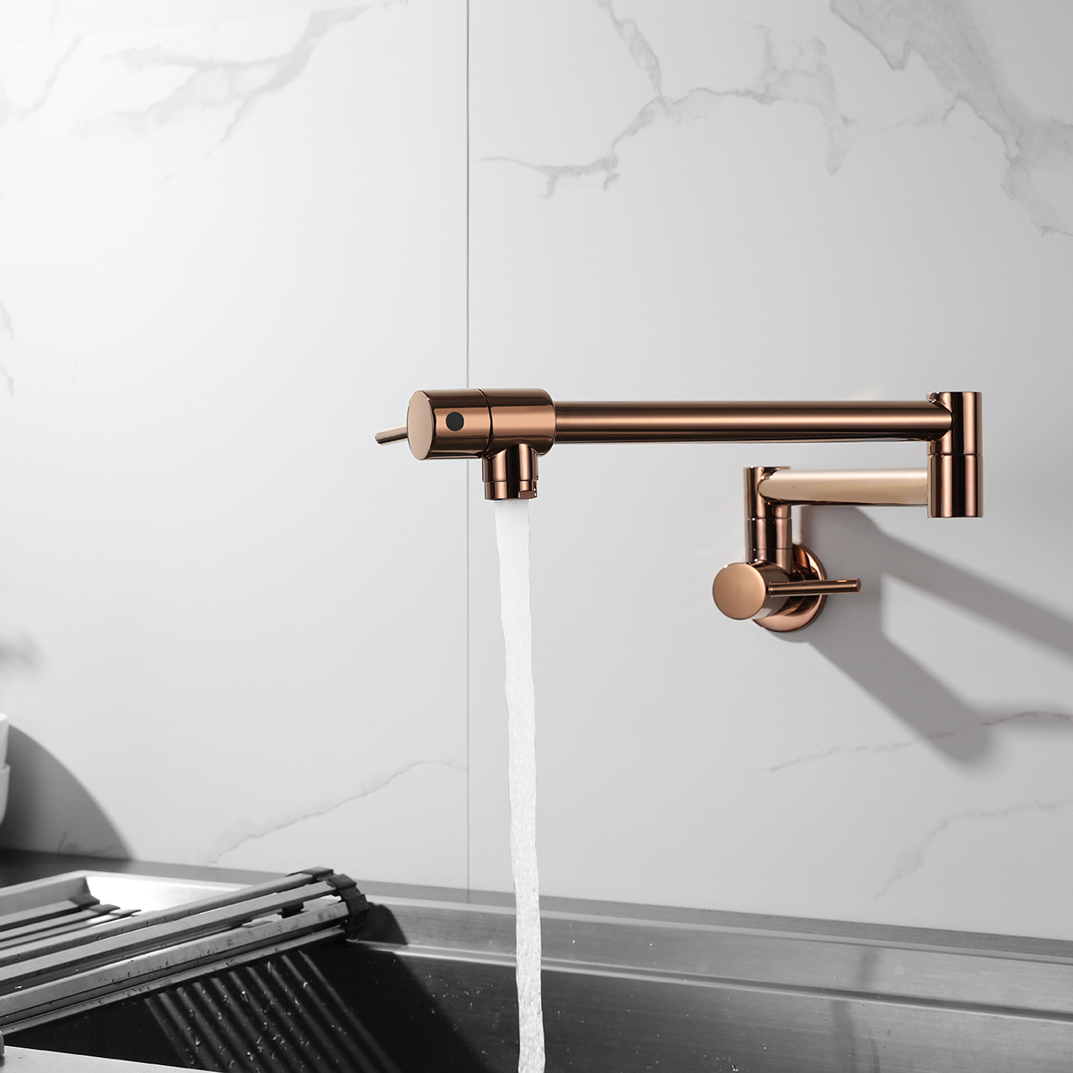 Rose Gold Kitchen Pot Filler Kraan Wall Mount Folding Kraan met 2 Cartridges